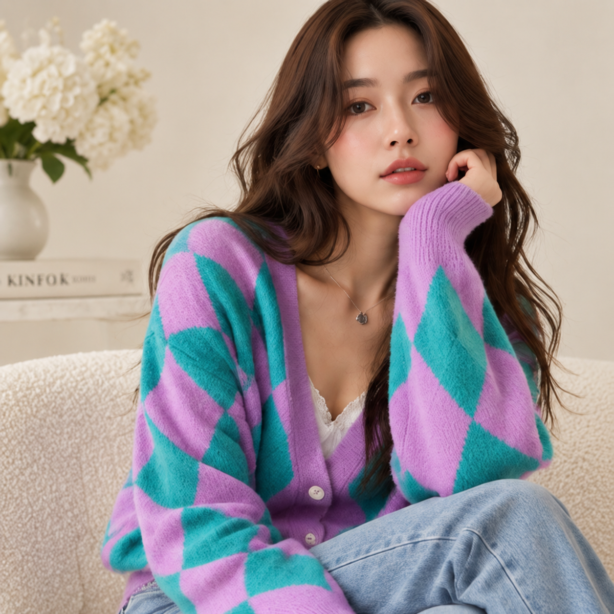 Retro Diamond V-neck Knitted Cardigan