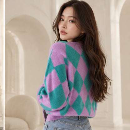 Retro Diamond V-neck Knitted Cardigan