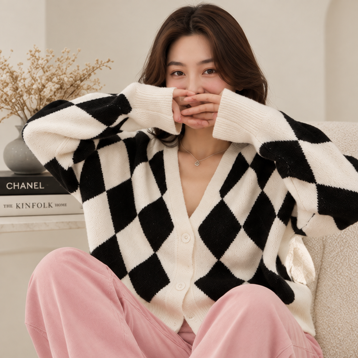 Retro Diamond V-neck Knitted Cardigan