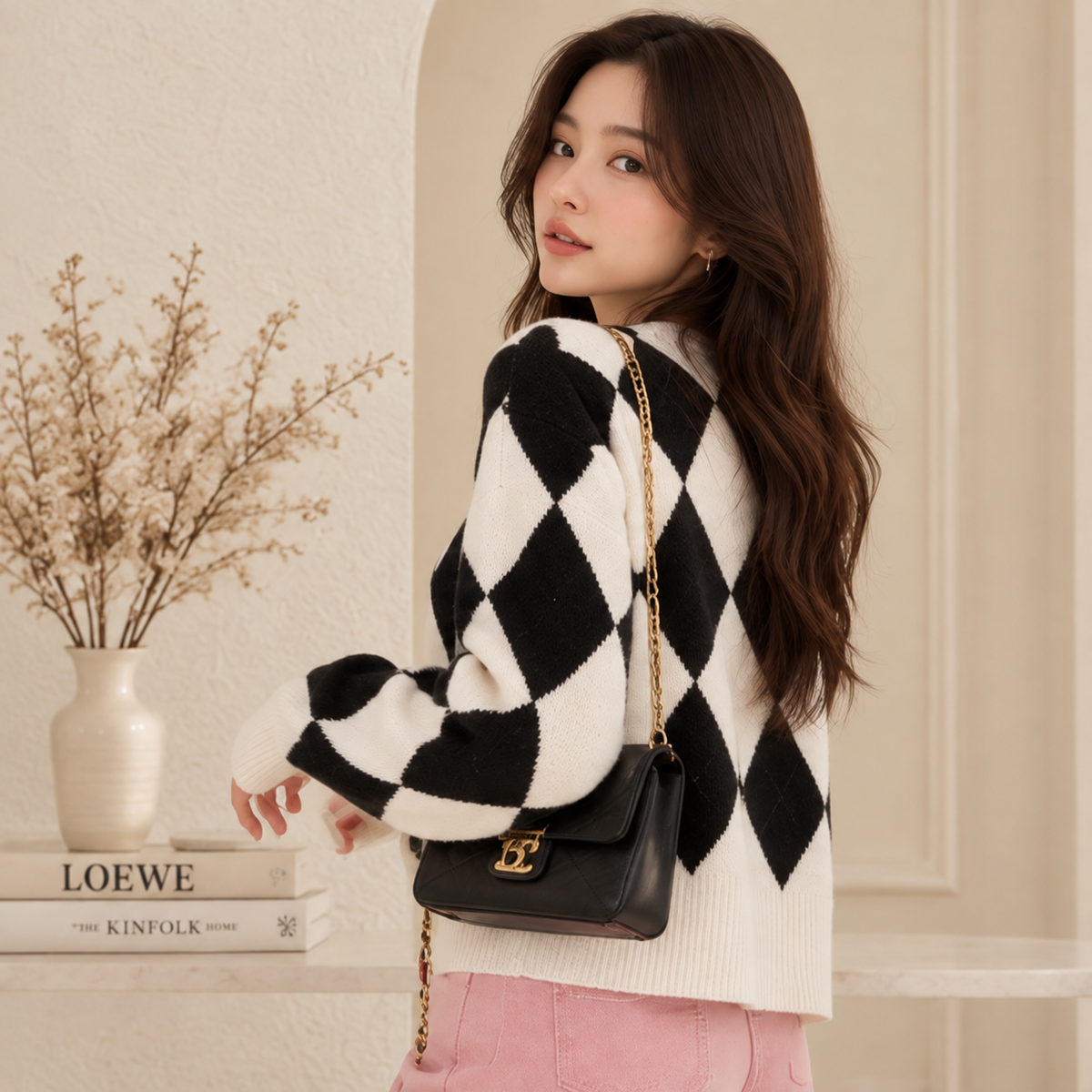Retro Diamond V-neck Knitted Cardigan